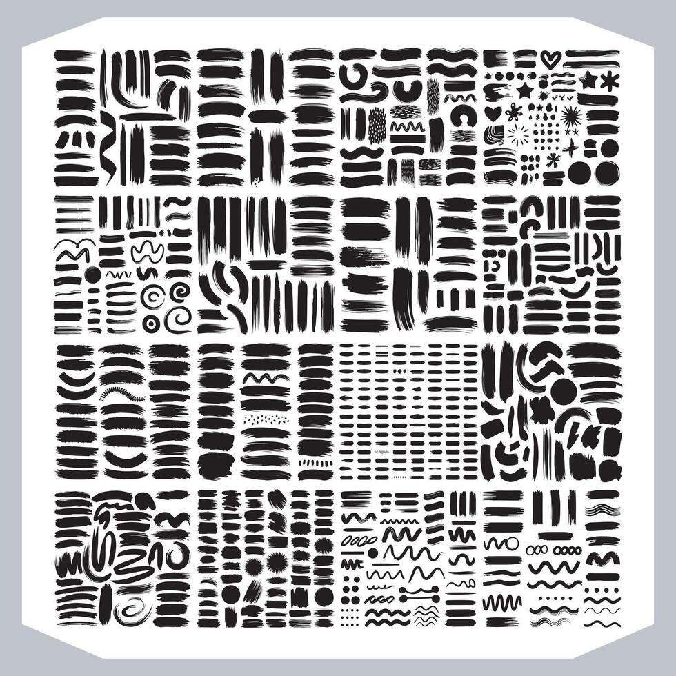 Extensive Collection of Hand-Painted Black Ink Brush Strokes A Diverse Set of Artistic Textures for Design Projects, Featuring Abstract Shapes and Patterns. vector