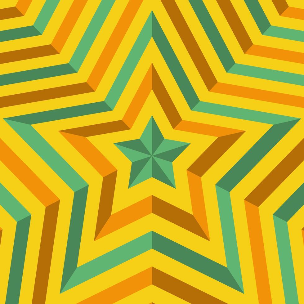 Vibrant and dynamic retro star pattern featuring a bold 3D optical illusion. Consists of concentric geometric stars in a classic 70s color palette of yellow, orange, and teal. vector