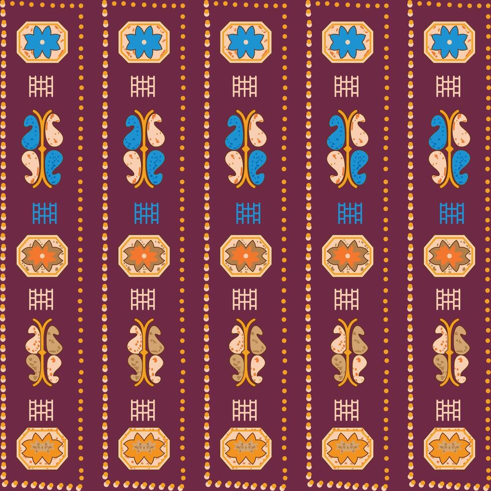 a purple and orange pattern with flowers and leaves vector