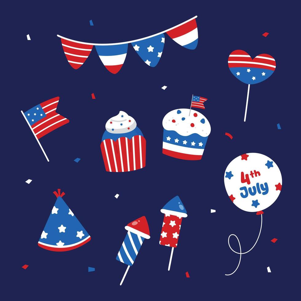 Fourth of July Patriotic Celebration Hand Drawn Elements Set vector