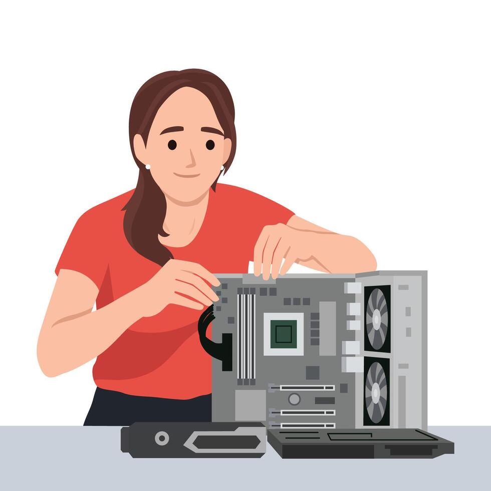 Woman Building a Desktop Computer. vector