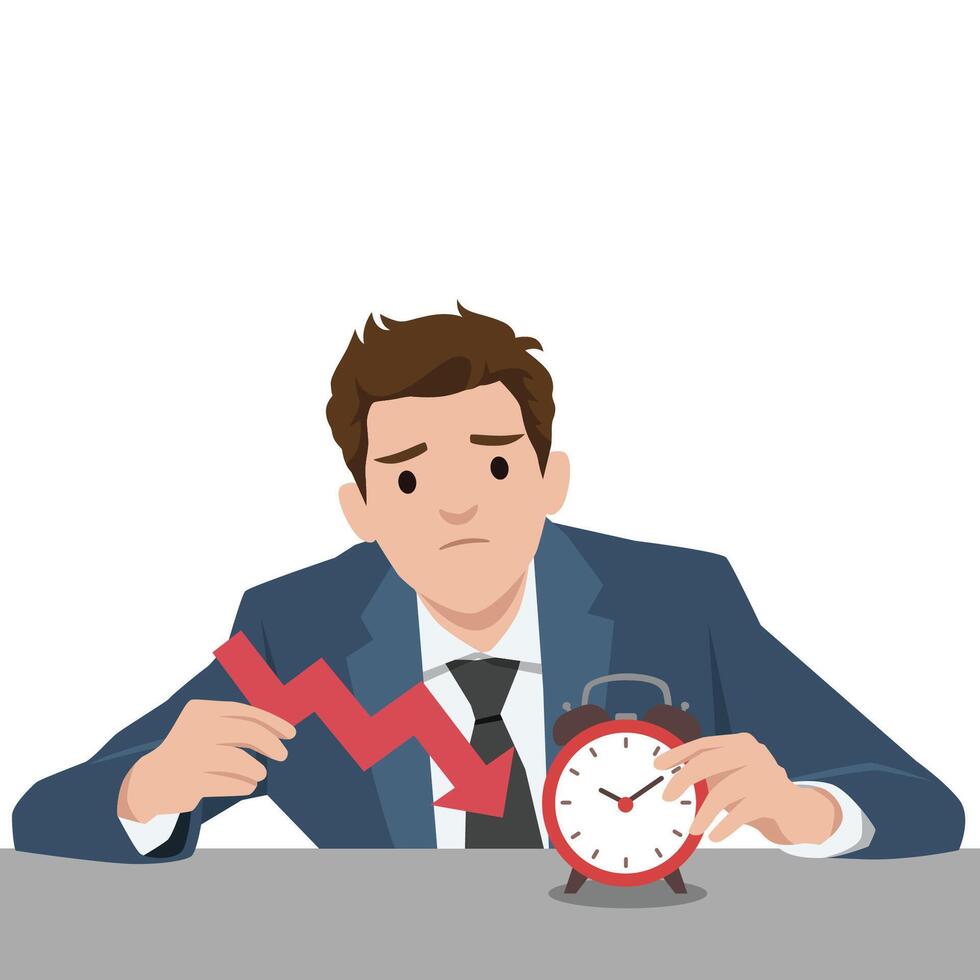 Worried businessman in a suit looks at the clock while holding a downward arrow. vector