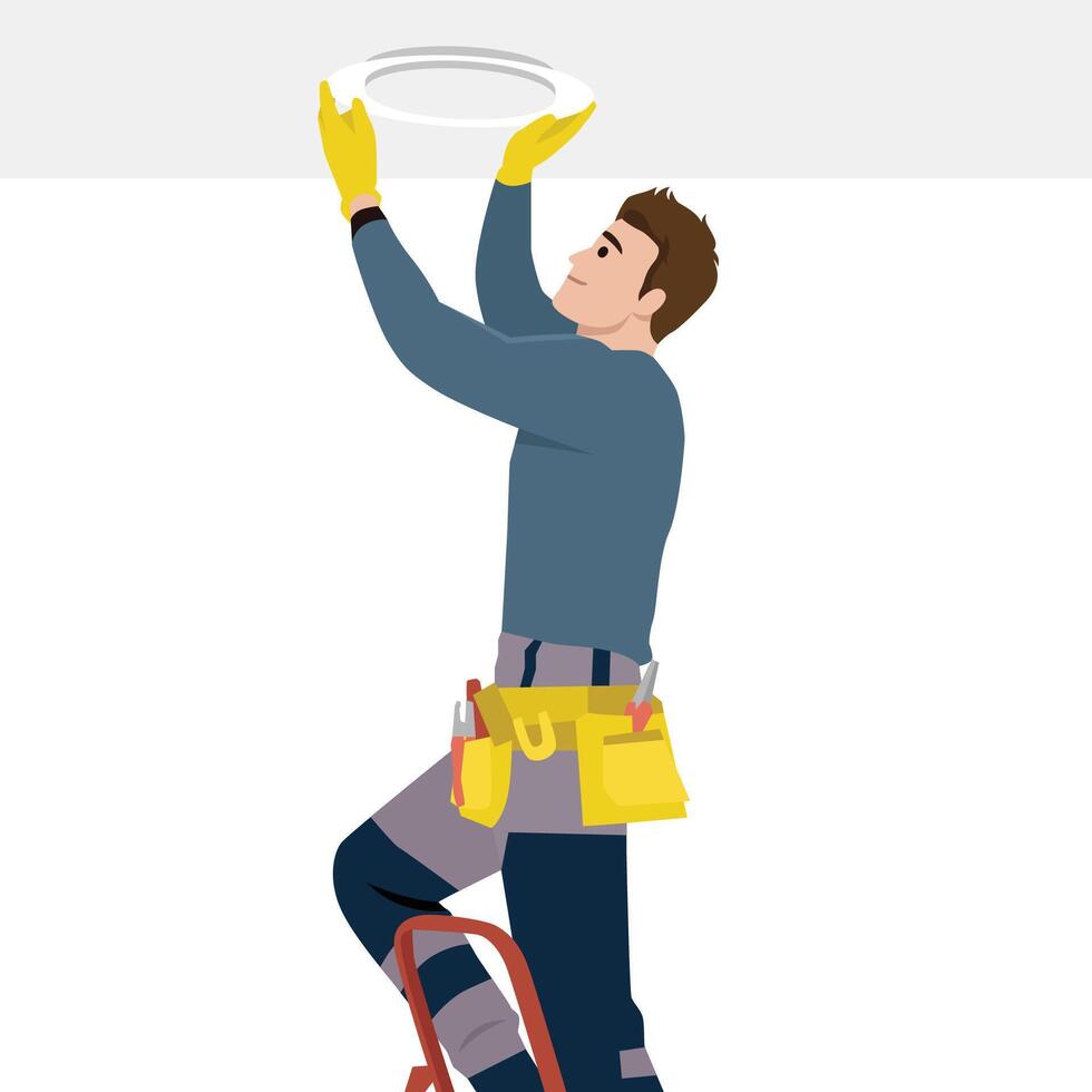 Electrician in work gear stands on a ladder, installing or repairing a ceiling light with focus. vector