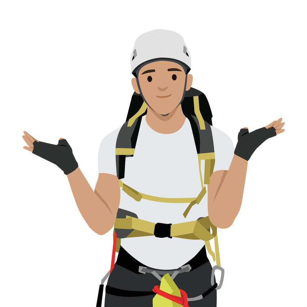 Hiker in safety gear with a helmet and harness raises both hands in a puzzled gesture. vector