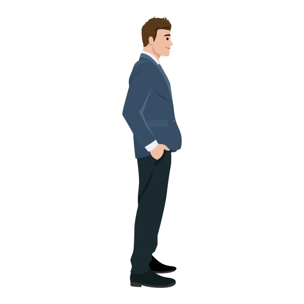Businessman stands confidently with his hands in his pockets, Side in a professional suit. vector