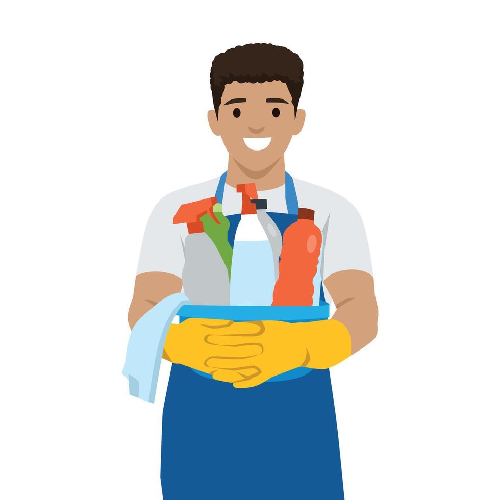 Cleaner holding a blue bucket full of cleaning supplies, ready for the job. vector