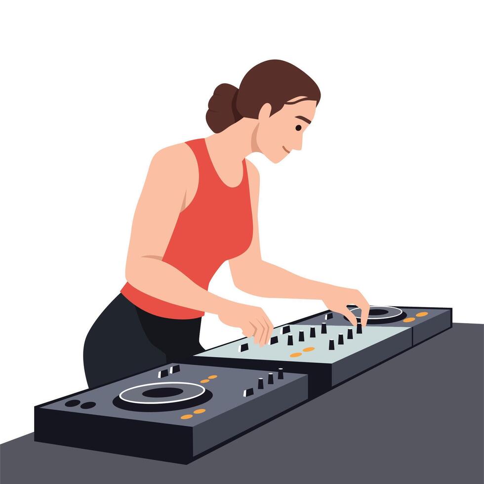 Female DJ Mixing Music at the Console. vector
