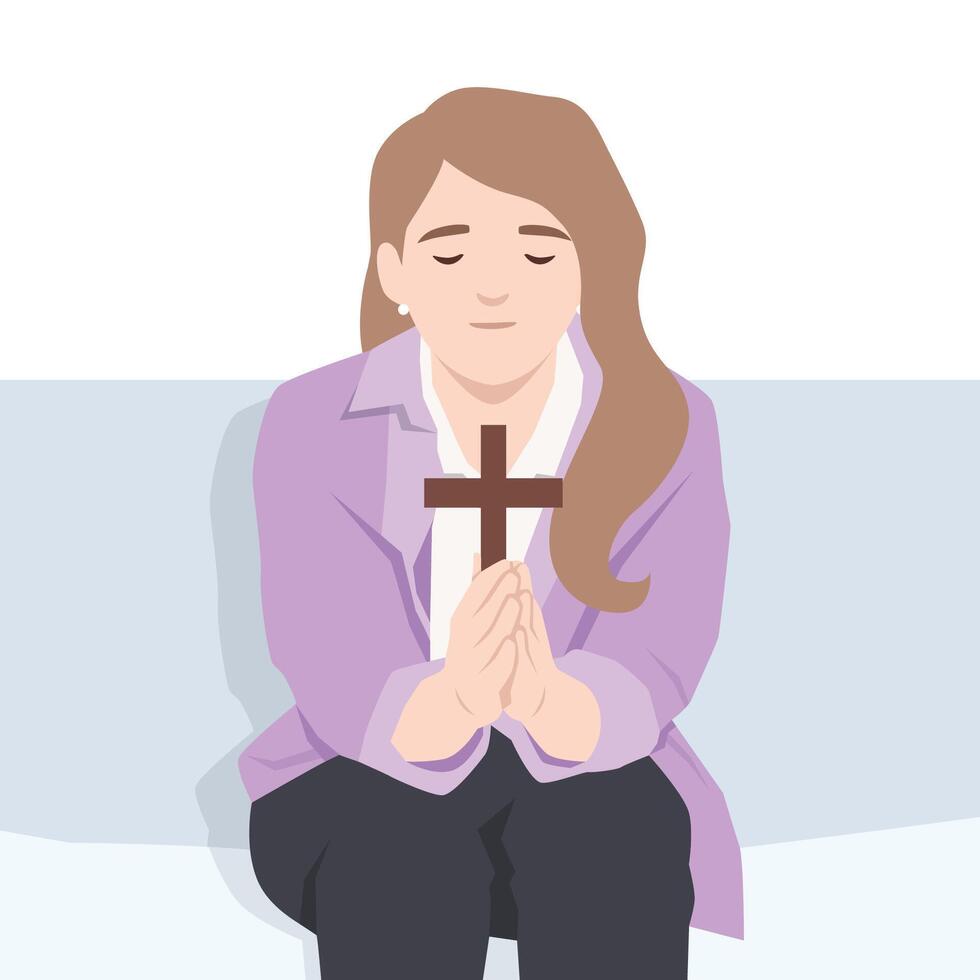 Peaceful woman sits with eyes closed, holding a wooden cross in prayer. vector