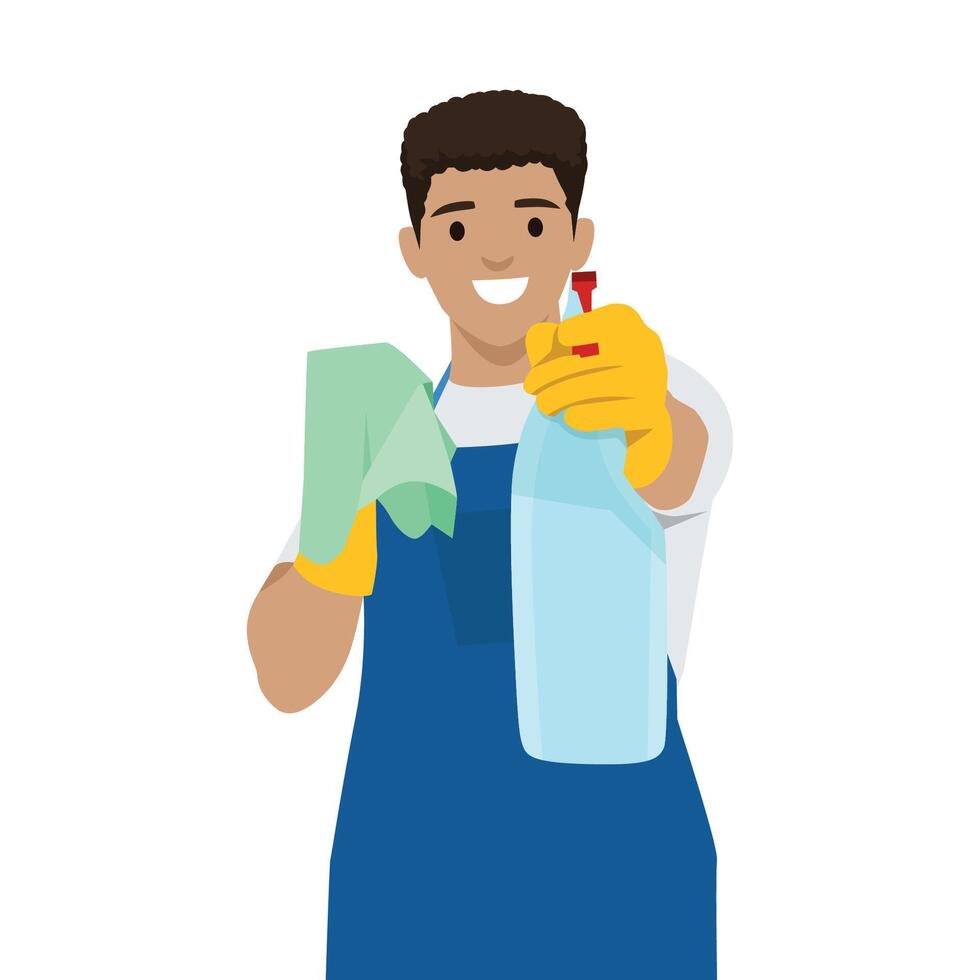 Cheerful cleaner wearing gloves and an apron holds a spray bottle and cleaning cloth. vector