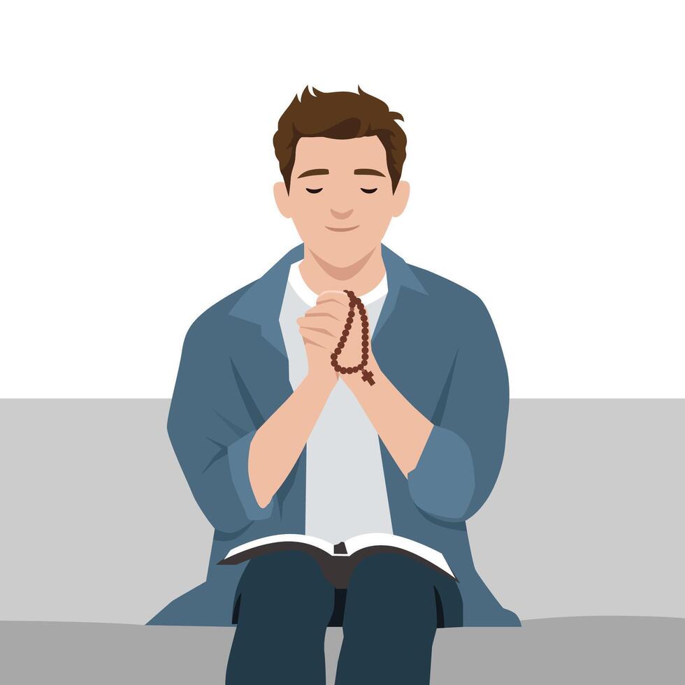 Young Man Praying with Rosary and Bible. vector