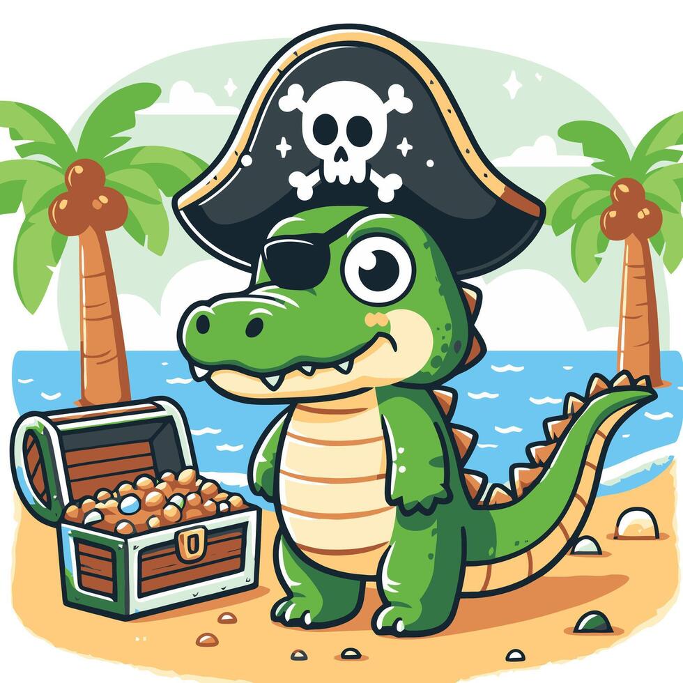 Cartoon pirate alligator with treasure vector