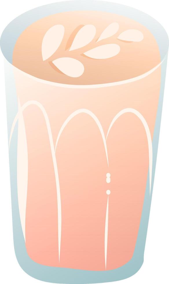 Glass of latte with milk foam art on top, light brown color, smooth texture, served in transparent glass cup vector