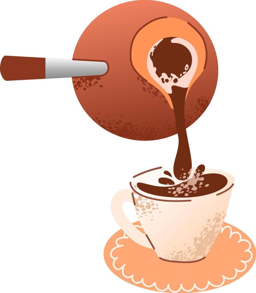 Pouring Turkish Coffee from traditional pot into cup. vector