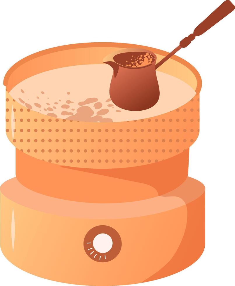 Copper cezves in the hot sand. Preparation of traditional Turkish coffee. illustration isolated on a white background. vector