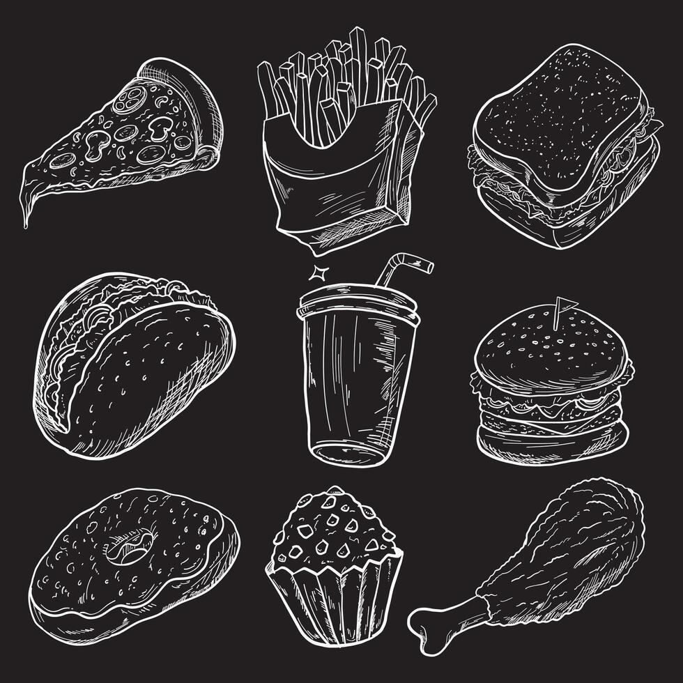 Hand drawn chalkboard food set vector
