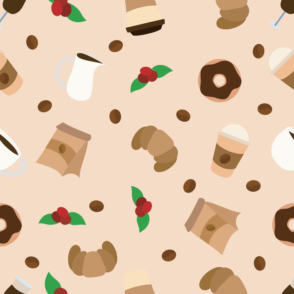 Coffee shop seamless pattern. Endless background, texture design with latte, cappuccino, donut and croissant. vector