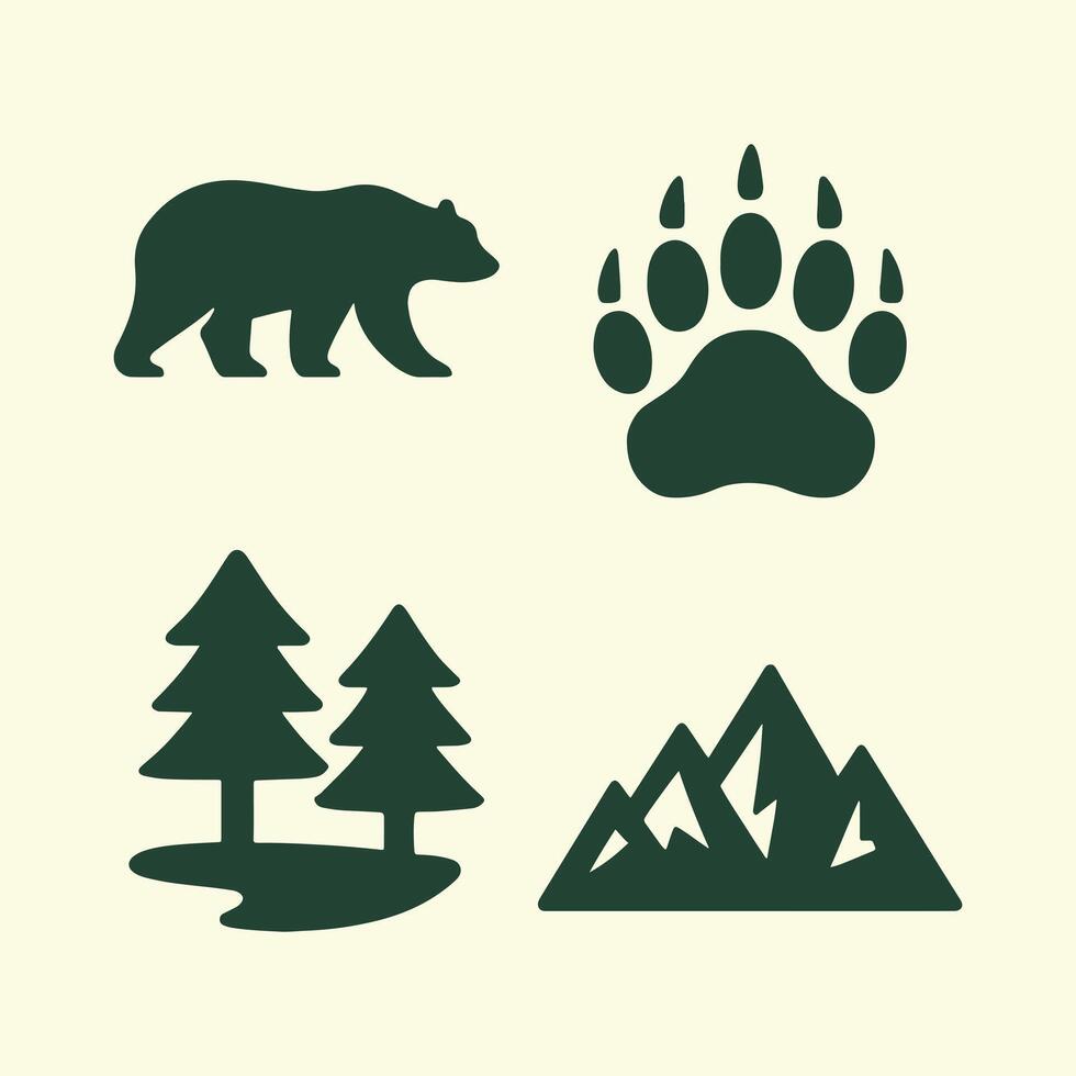 Outdoor adventure Wilderness Icons Set, Bear, Paw Print, Trees, and Mountains icons, illustration. vector