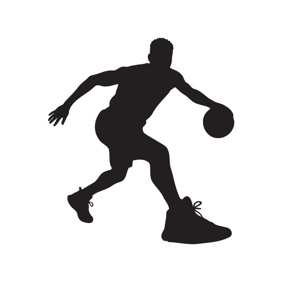 Silhouette of a basketball player dribbling, airborne with the ball, leaping to shoot, action pose, vector