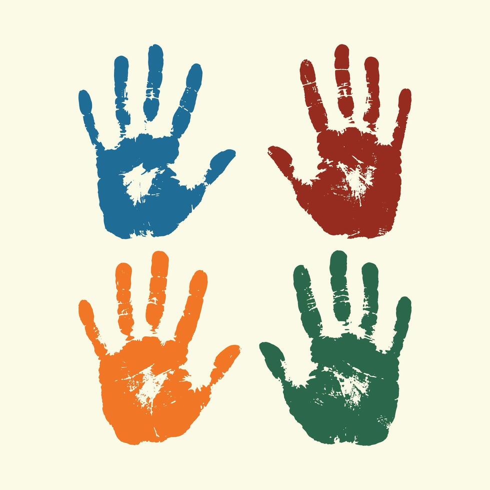 Four colorful hand prints Showcase Unity and Diversity, Friendship Day T-shirt Graphic, vector