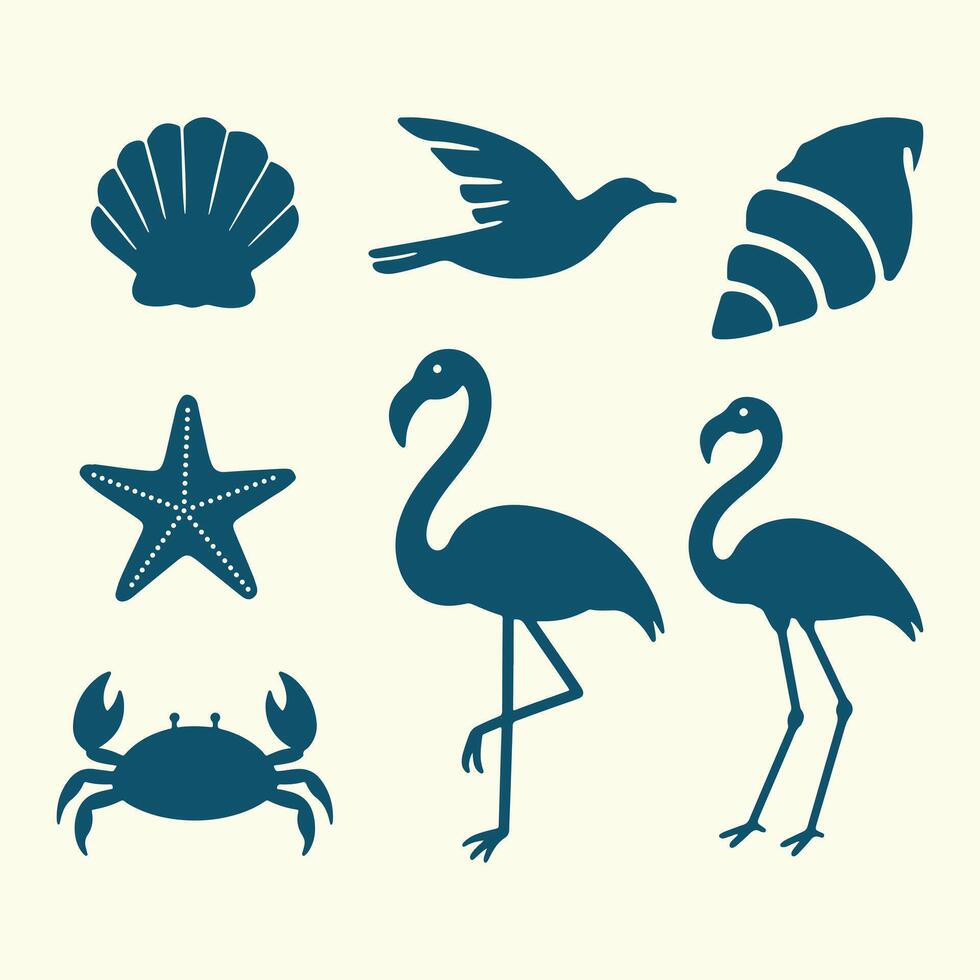 Oceanic silhouettes of beach and tropical elements seashells, birds, starfish, and a crab, illustration vector