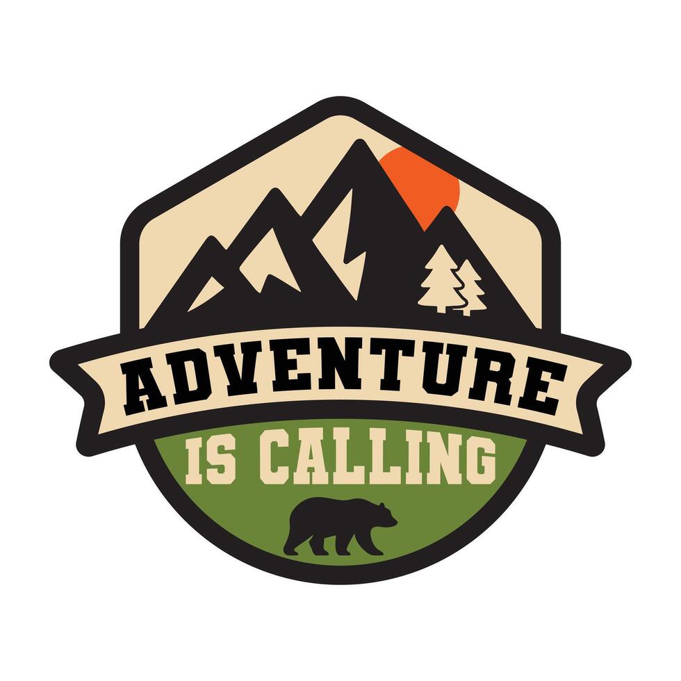 Adventure is Calling Badge Patch Design, Mountain Beer Camping Hiking Adventure Travel Badge emblem logo, Illustration. vector