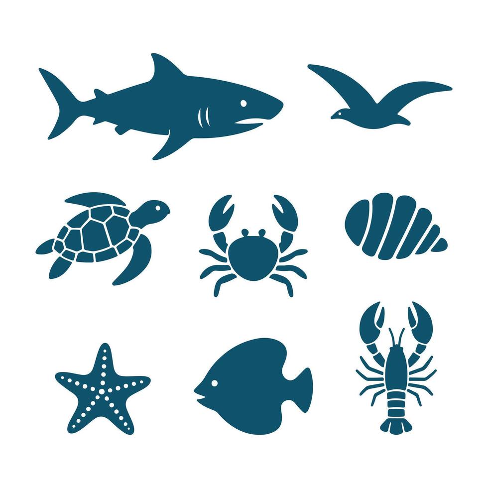 Underwater Animals Silhouettes icons, marine life, shark seagull turtle crab shell starfish fish and lobster illustration vector
