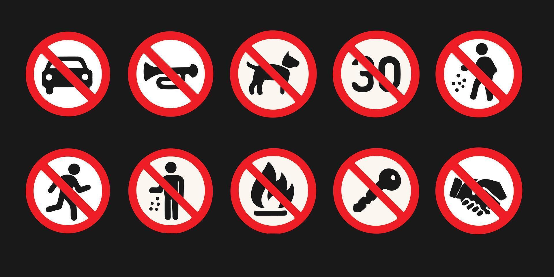 Collection of ten prohibition signs with black icons on a dark background vector