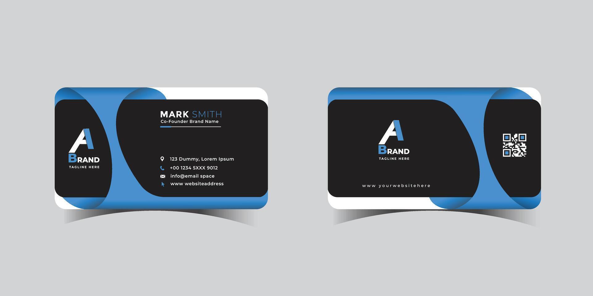Modern black and blue business card design with qr code vector