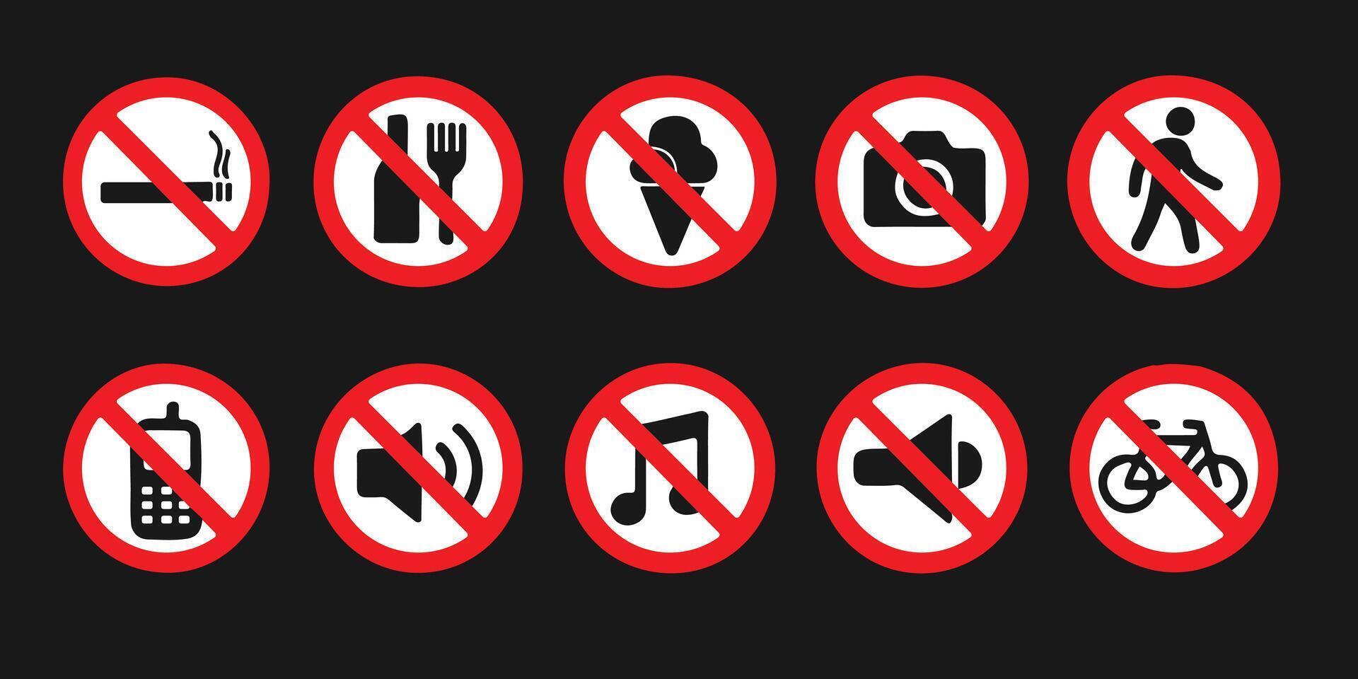 Collection of universal prohibition signs for various activities and items vector