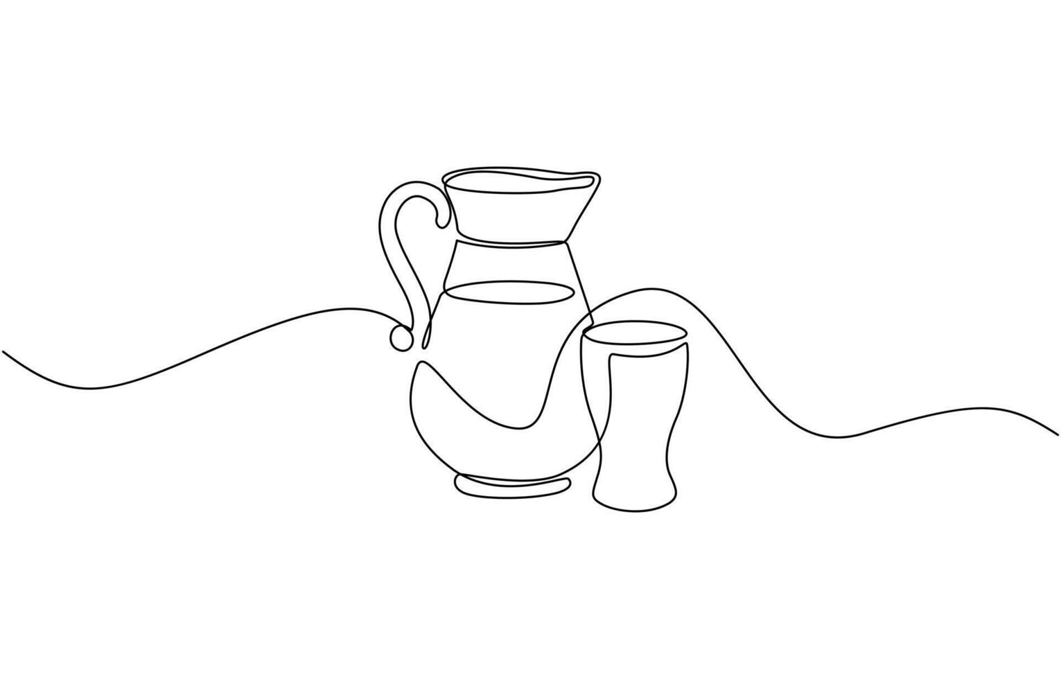 Jug and glass one line drawing on white isolated background illustration, Jug and glass continuous one line drawing. vector
