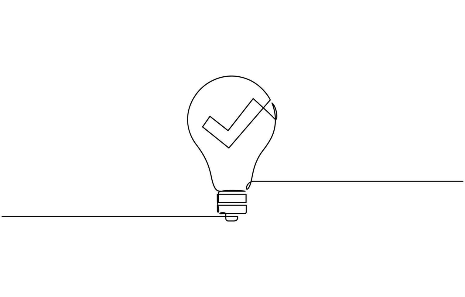 Light bulb with correct mark verify continuous one line drawing, Continuous line drawing check mark icon. Single line confirmation editable outline vector