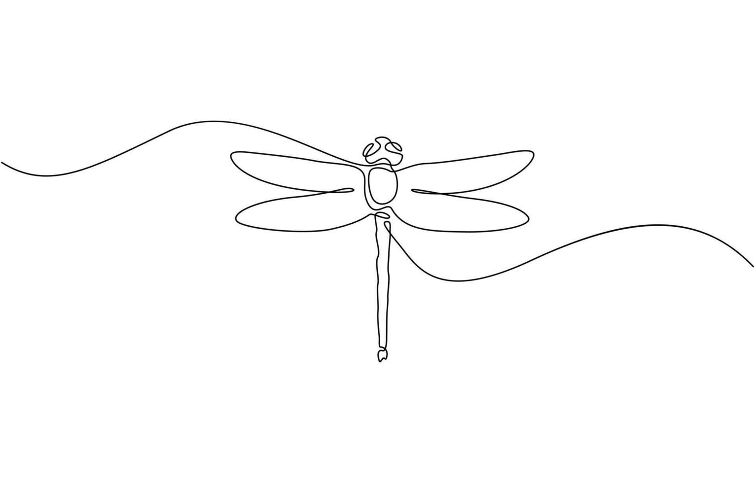 Continuous one line drawing. Flying dragonfly logo. Black and white illustration. Continuous one single minimal line drawing vector