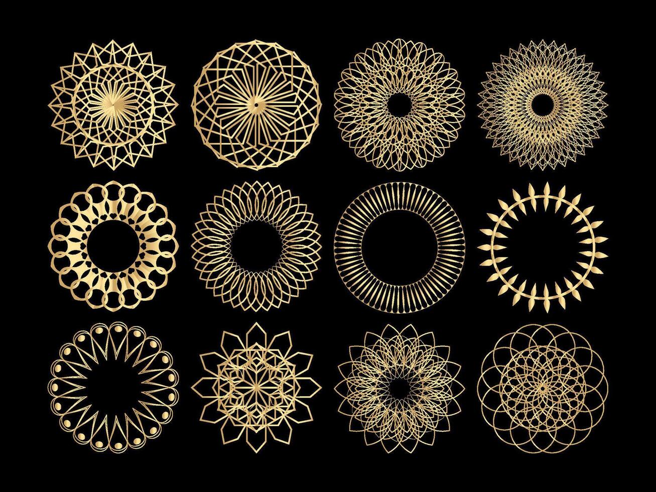 Set of round golden mandalas on black background illustration vector