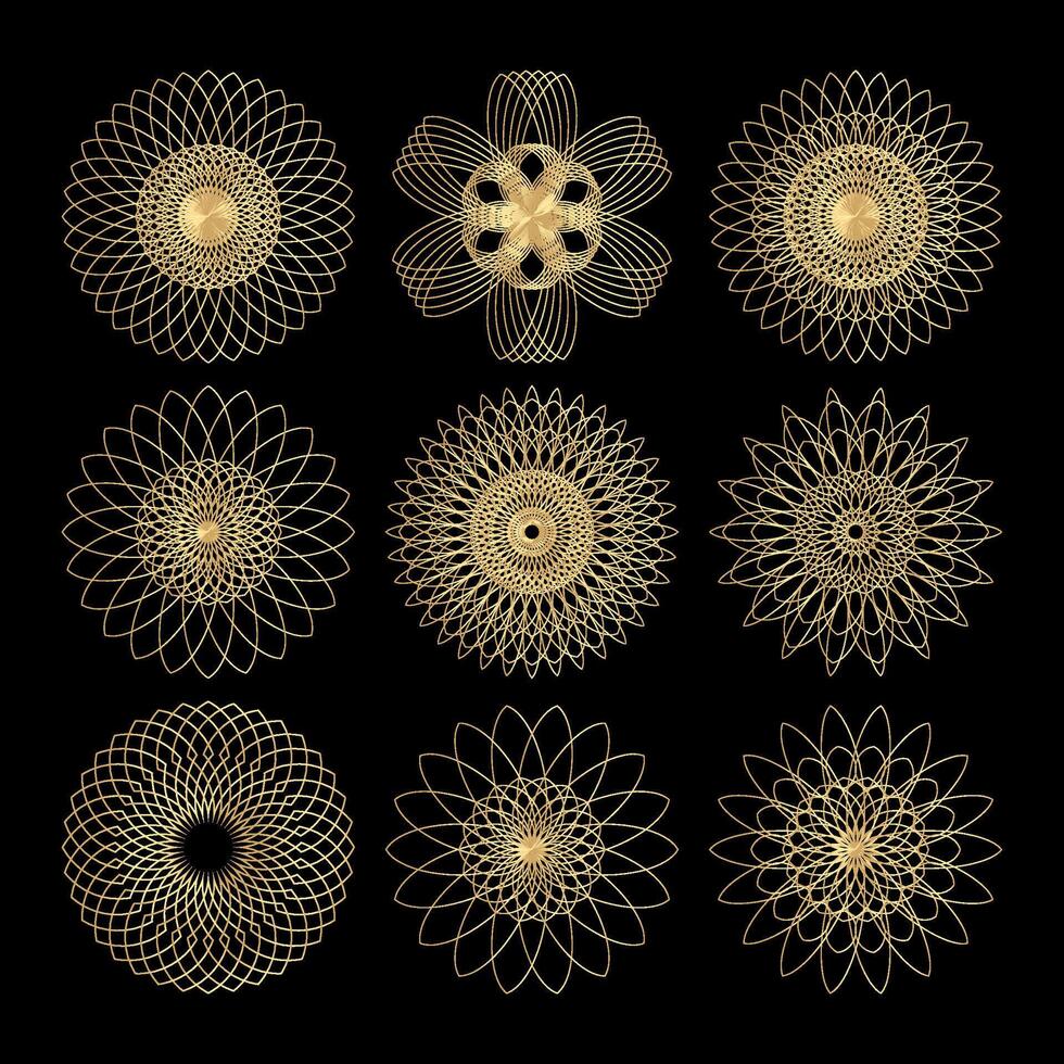 Set of golden mandala patterns on black background illustration. vector