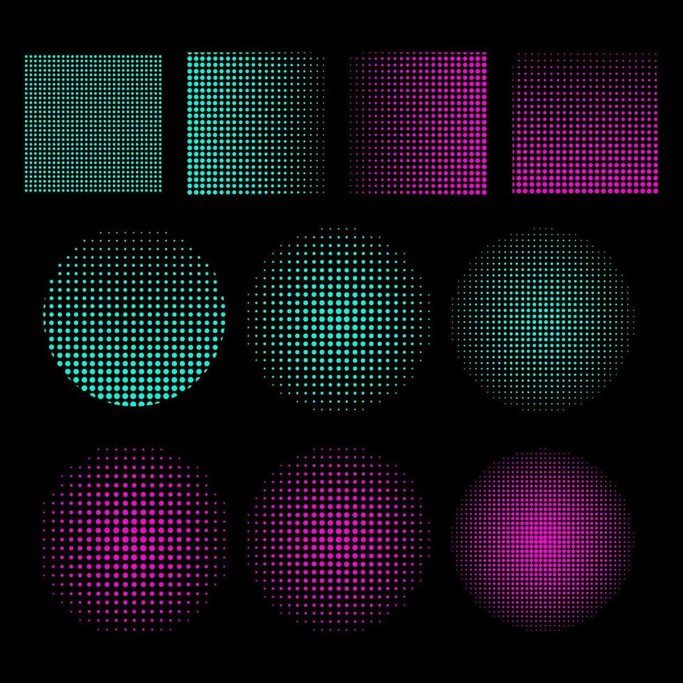 Set of colorful halftone dots isolated on black background illustration. vector