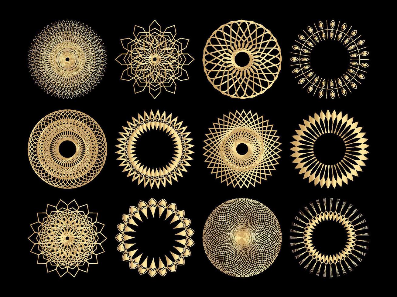Set of golden ornamental mandalas on black background illustration vector