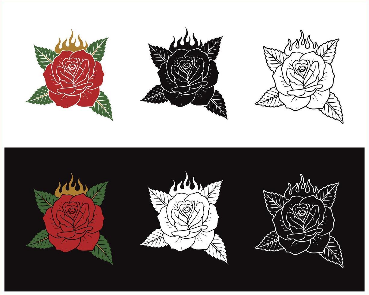 Aesthetic Rose Tattoo Designs Featuring Flames, Leaves, and Varied Color Palettes Presenting Classic and Modern Approaches to Body Art vector