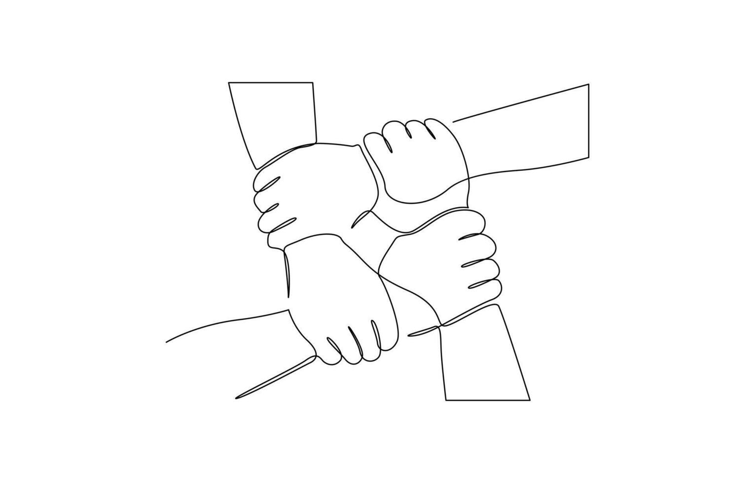 One continuous line drawing group of young male and female business people unite their hands. Continuous line drawing isolated background for Teamwork concept pro design. vector