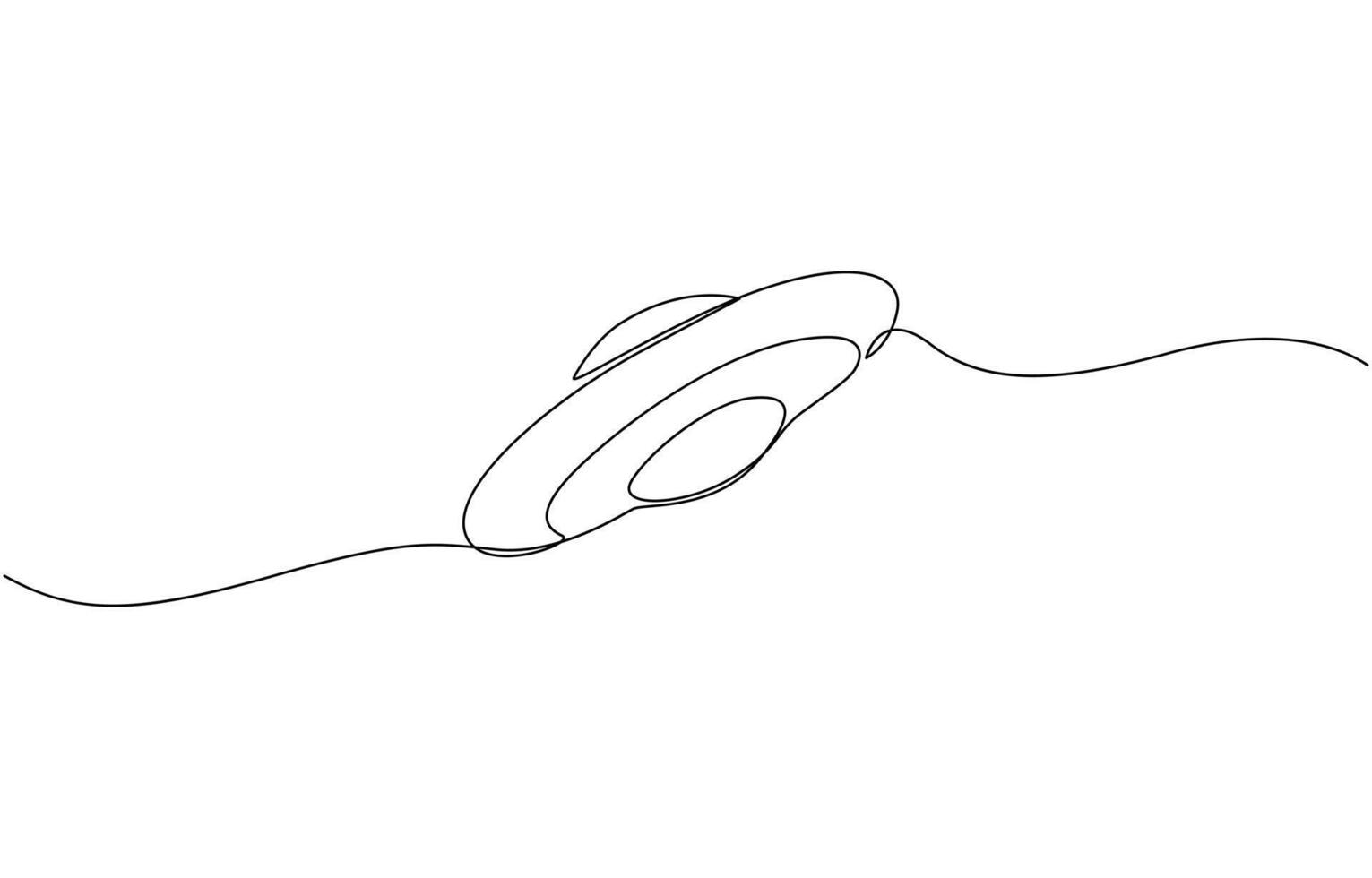 Minimalist One Line Drawing of UFO Unidentified Flying Object in Space. Cute astronauts flying on UFO spaceship. Dynamic one line draw graphic art vector