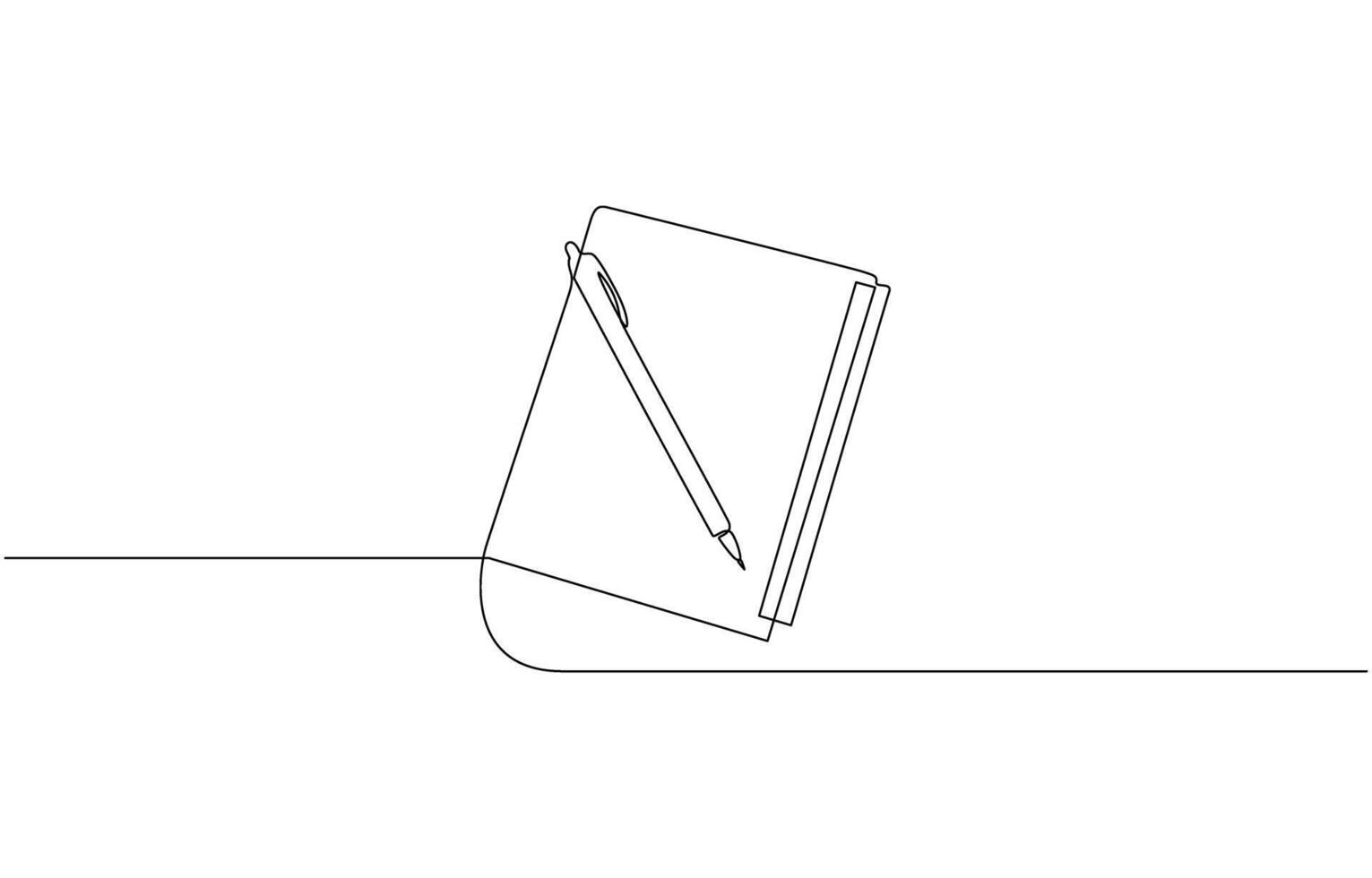 One continuous line drawing of opened book with pen. Studying book and pen for education in simple line. Writing business draft on office notes concept vector