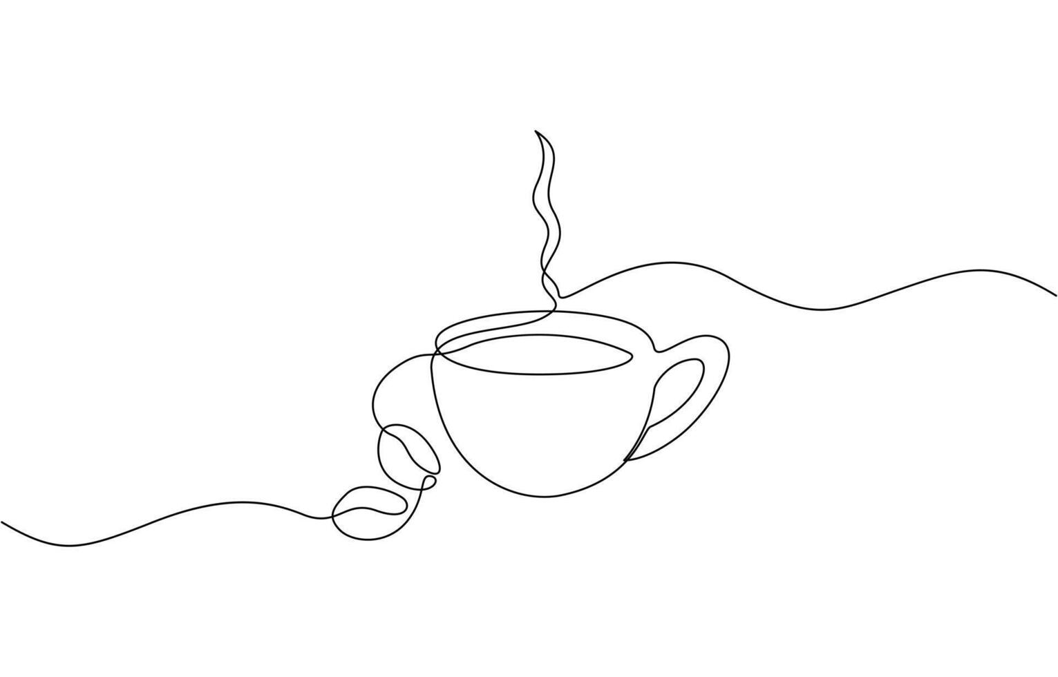 One continuous line drawing Cup of Coffee with coffee beans. A cup of coffee simple outline, Single continuous line drawing of a cup of coffee drink with coffee beans on ceramic coaster vector