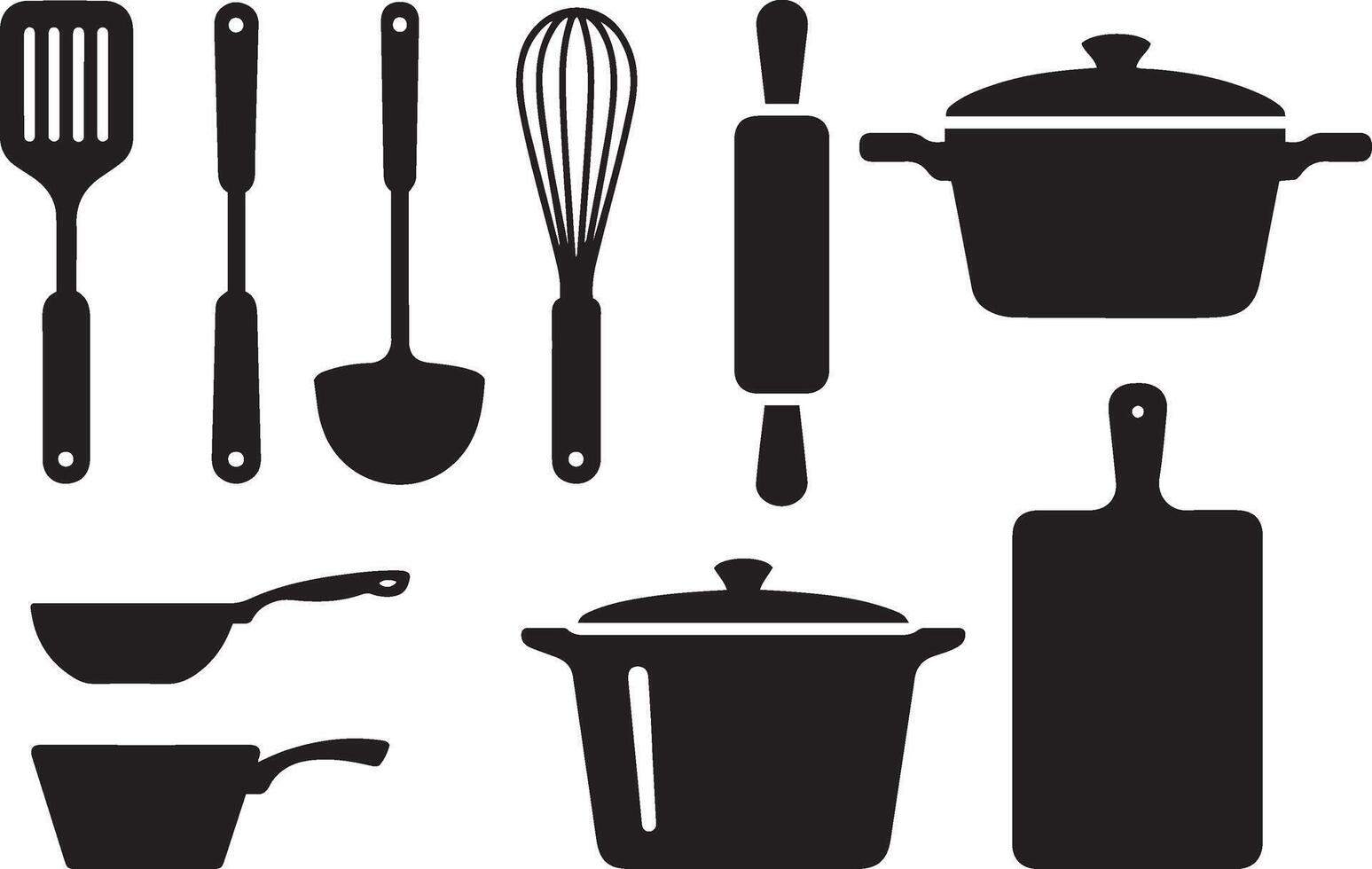 Set of kitchen utensils and cookware black and white silhouettes vector