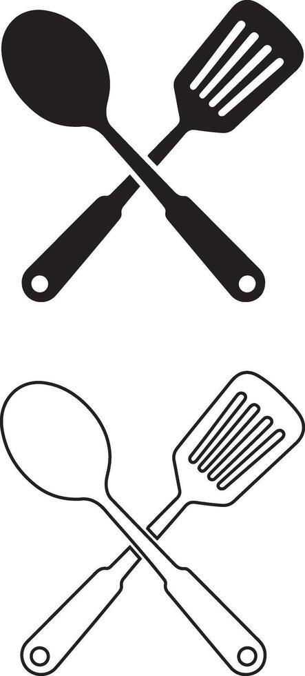 Crossed kitchen spatula and spoon utensils silhouette and line art vector