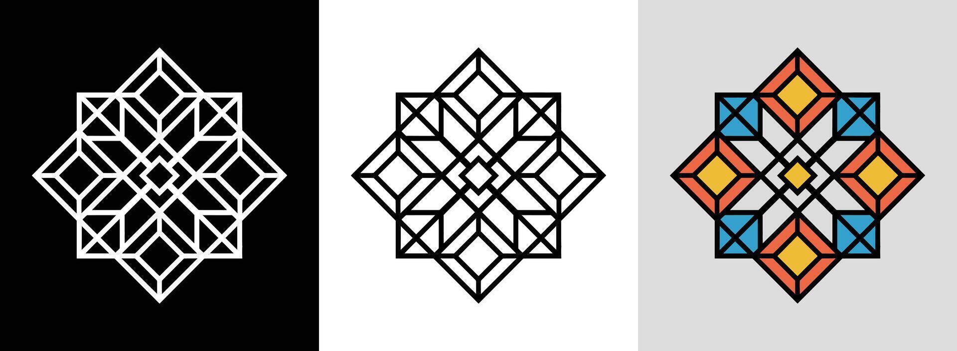 Three different geometric designs on black and white vector
