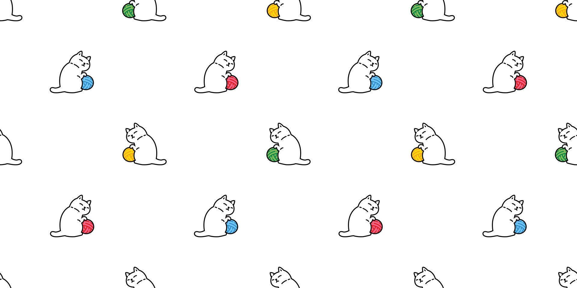 cat seamless pattern yarn ball kitten calico doodle cartoon pet animal illustration tile background gift wrapping paper scarf isolated repeat wallpaper vector