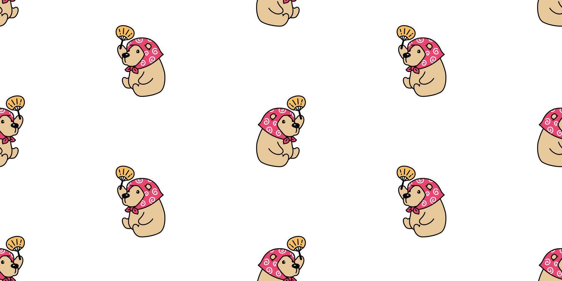 bear seamless pattern polar bear sitting hair tie kerchief hand fan wooden folding fan cartoon doodle japan teddy gift wrapping paper tile background repeat wallpaper scarf isolated illustratio vector