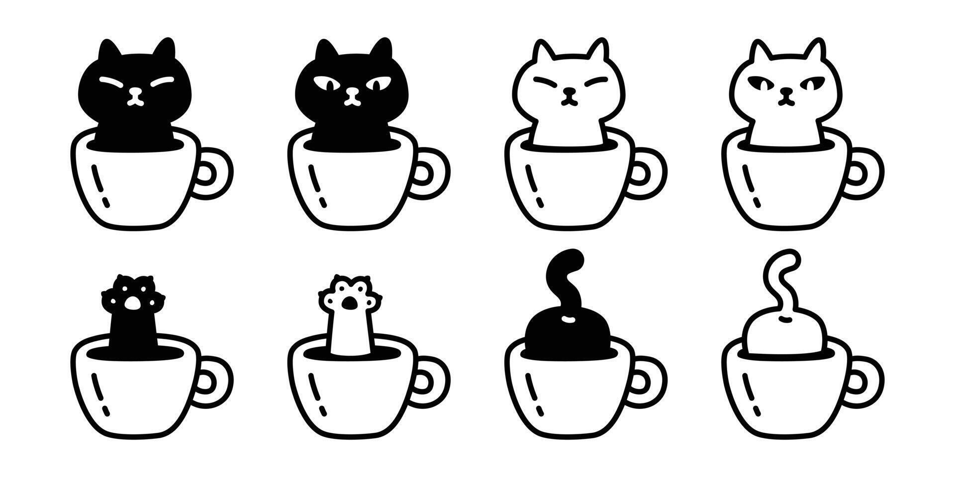 cat coffee cup kitten paw footprint tail calico icon breed cartoon character pet doodle illustration animal symbol isolated design vector