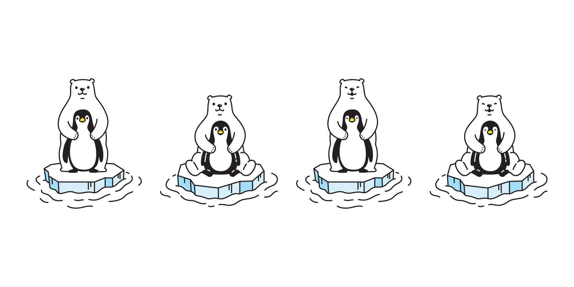 Bear polar bear penguin sitting iceberg hug icon cartoon character friend doodle logo teddy illustration symbol design vector