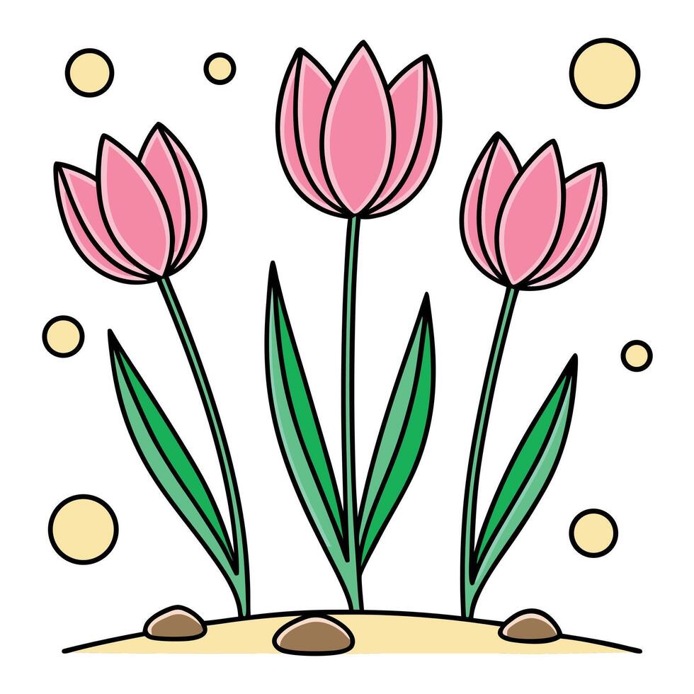 Pink tulips with yellow circles green leaves nature vector