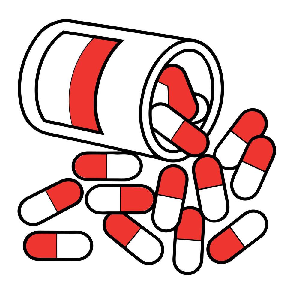 Scattered red and white capsules spilling from container vector
